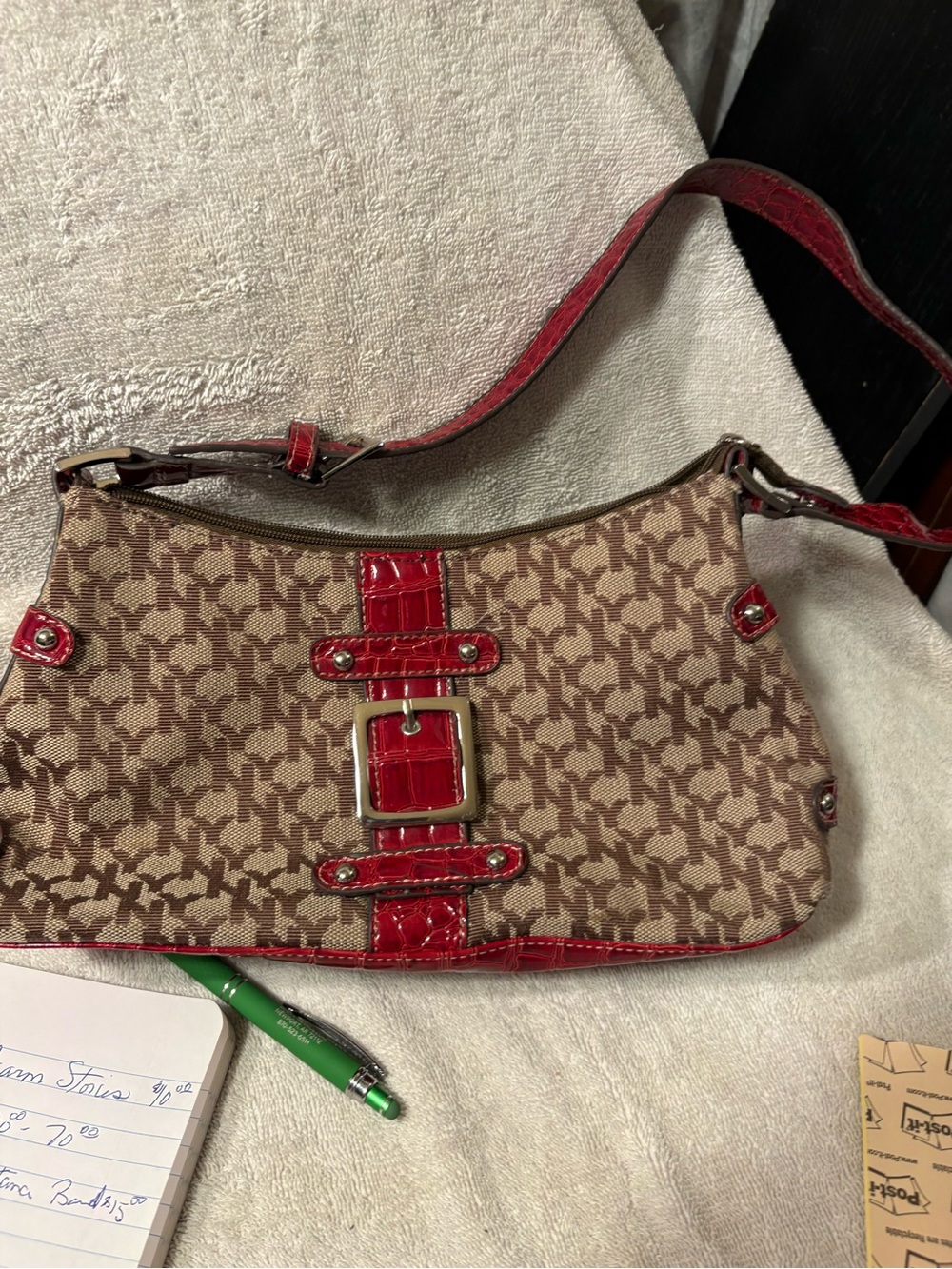 Brown Monogram NY&C Shoulder Bag with Red Trim